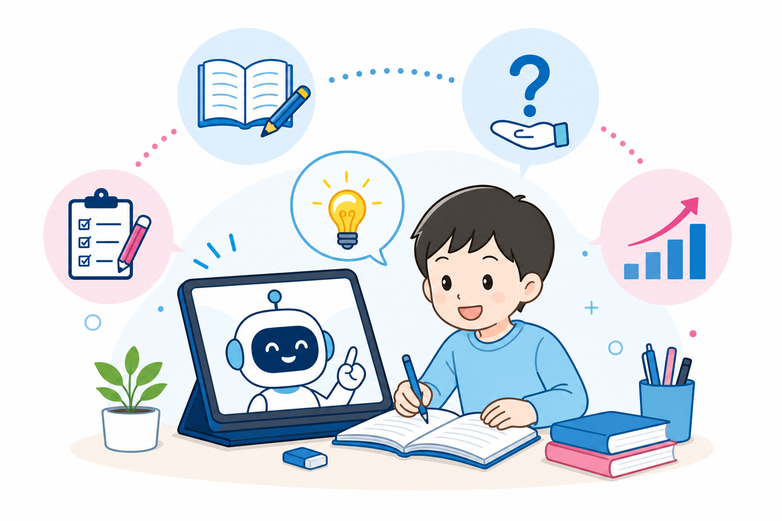 AIがお子さまの家庭学習に寄り添いヒントを出すイラスト