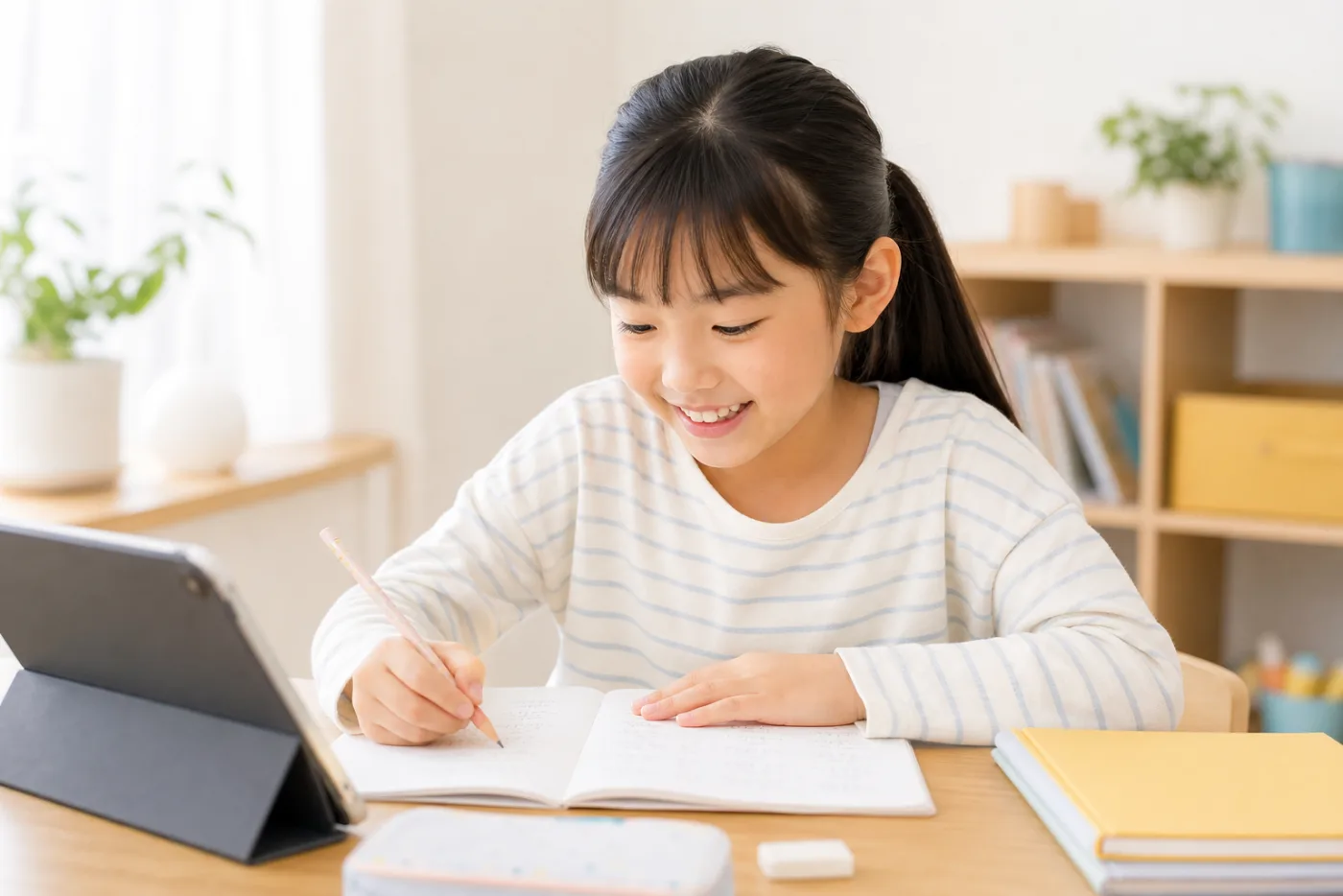 女の子が楽しそうに自宅学習に取り組んでいる写真